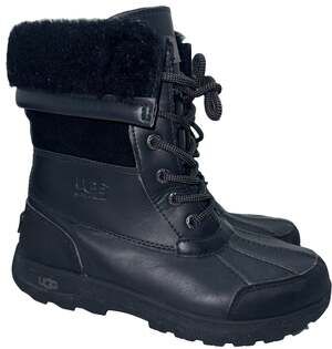 UGG Butte II CWR Black Leather Waterproof Lace Up Snow Boots Kids 4 Pre-Owned